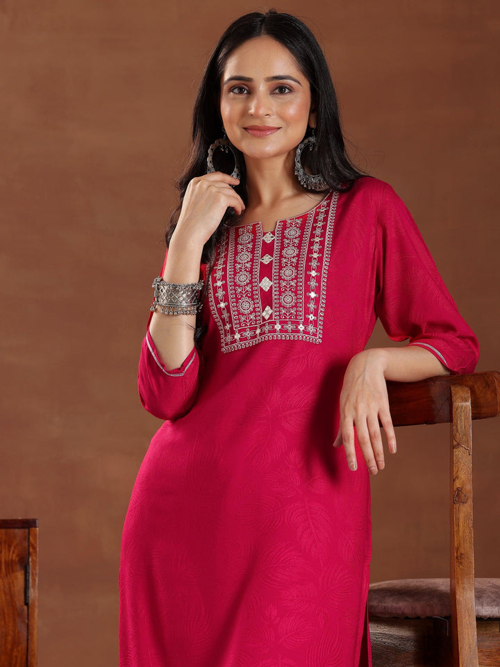 Pink Printed Rayon Straight Kurta - Libas