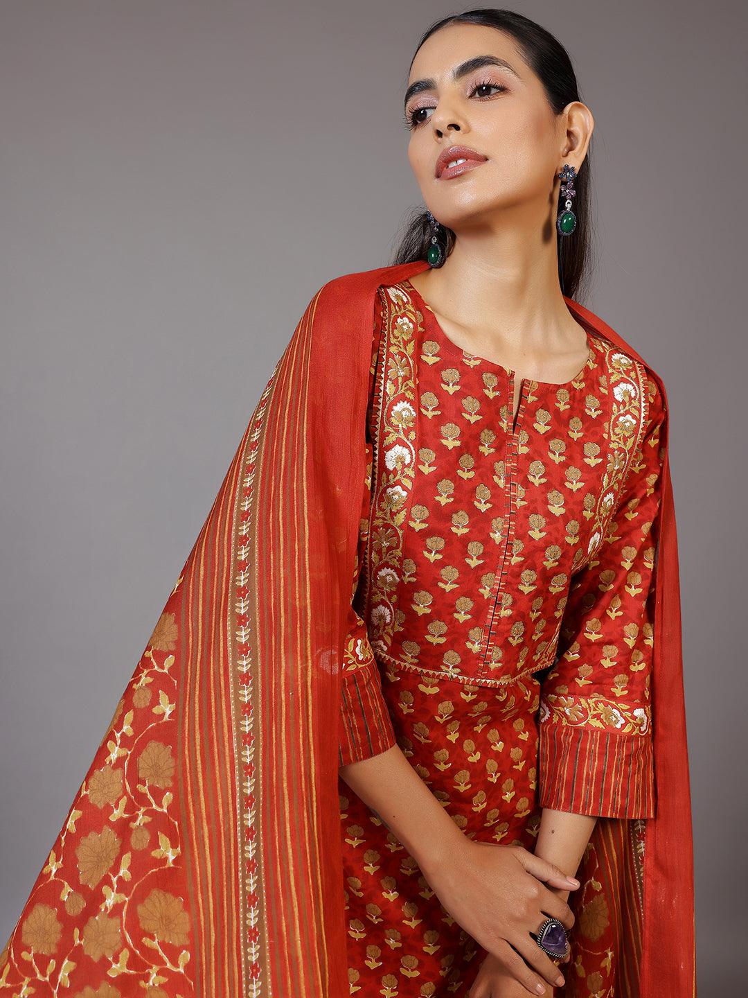 Rust Printed Cotton Straight Suit With Dupatta - Libas 