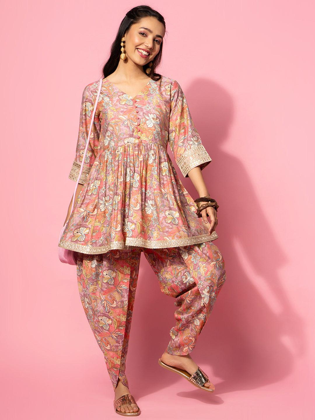 Peach Printed Silk Blend Co-Ords - Libas 