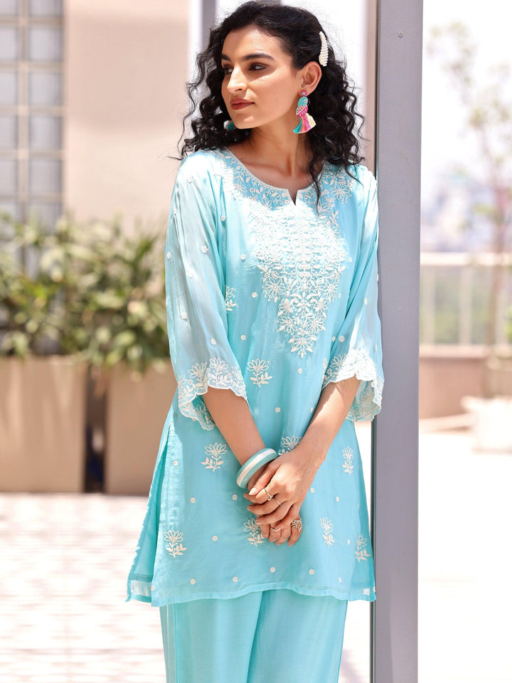 Turquoise Embroidered Silk Blend Co-Ords - Libas