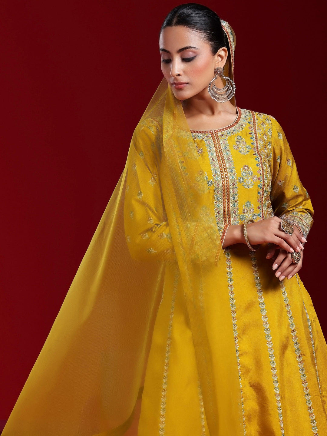 Libas Art Mustard Embroidered Silk Blend A-Line Kurta With Sharara & Dupatta - Libas