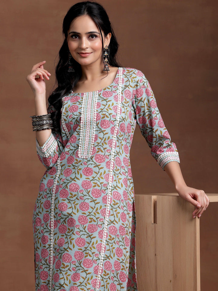 Blue Printed Cotton Straight Kurta - Libas