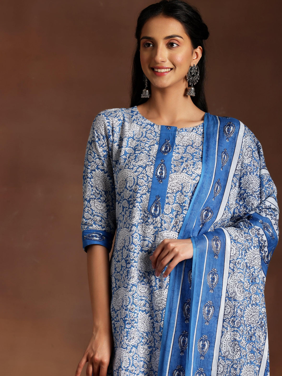 Blue Printed Cotton Straight Suit With Dupatta - Libas 