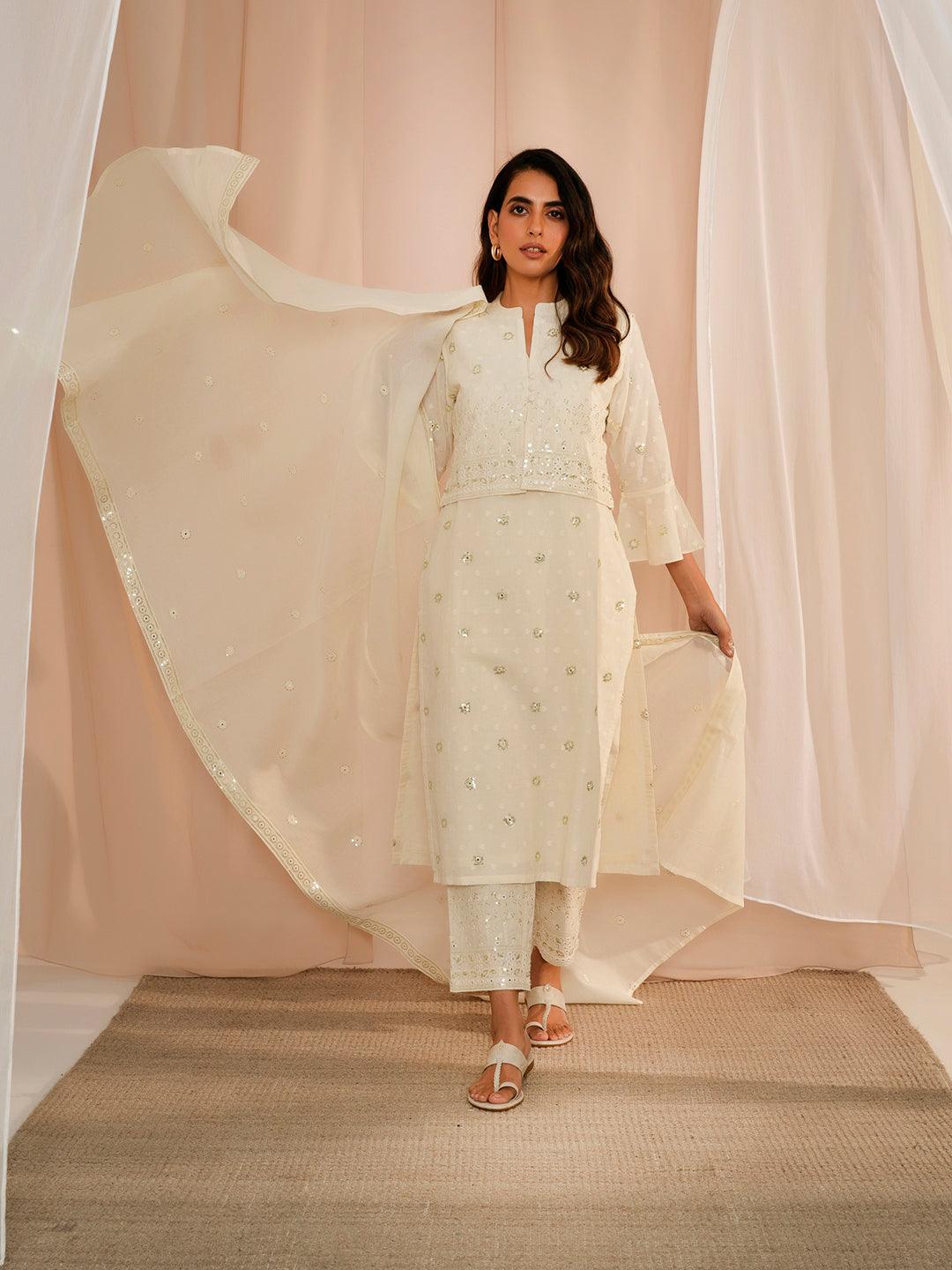 Off White Embroidered Cotton Straight Suit With Dupatta - Libas 