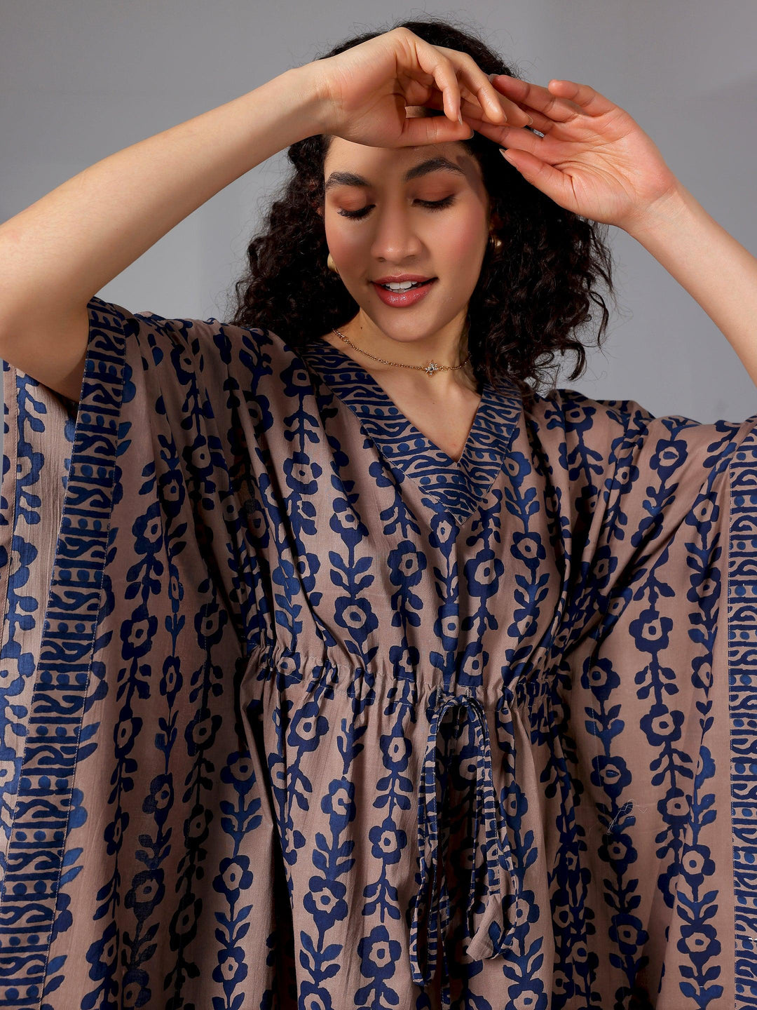 Blue Printed Cotton Kaftan Night Dress - Libas 