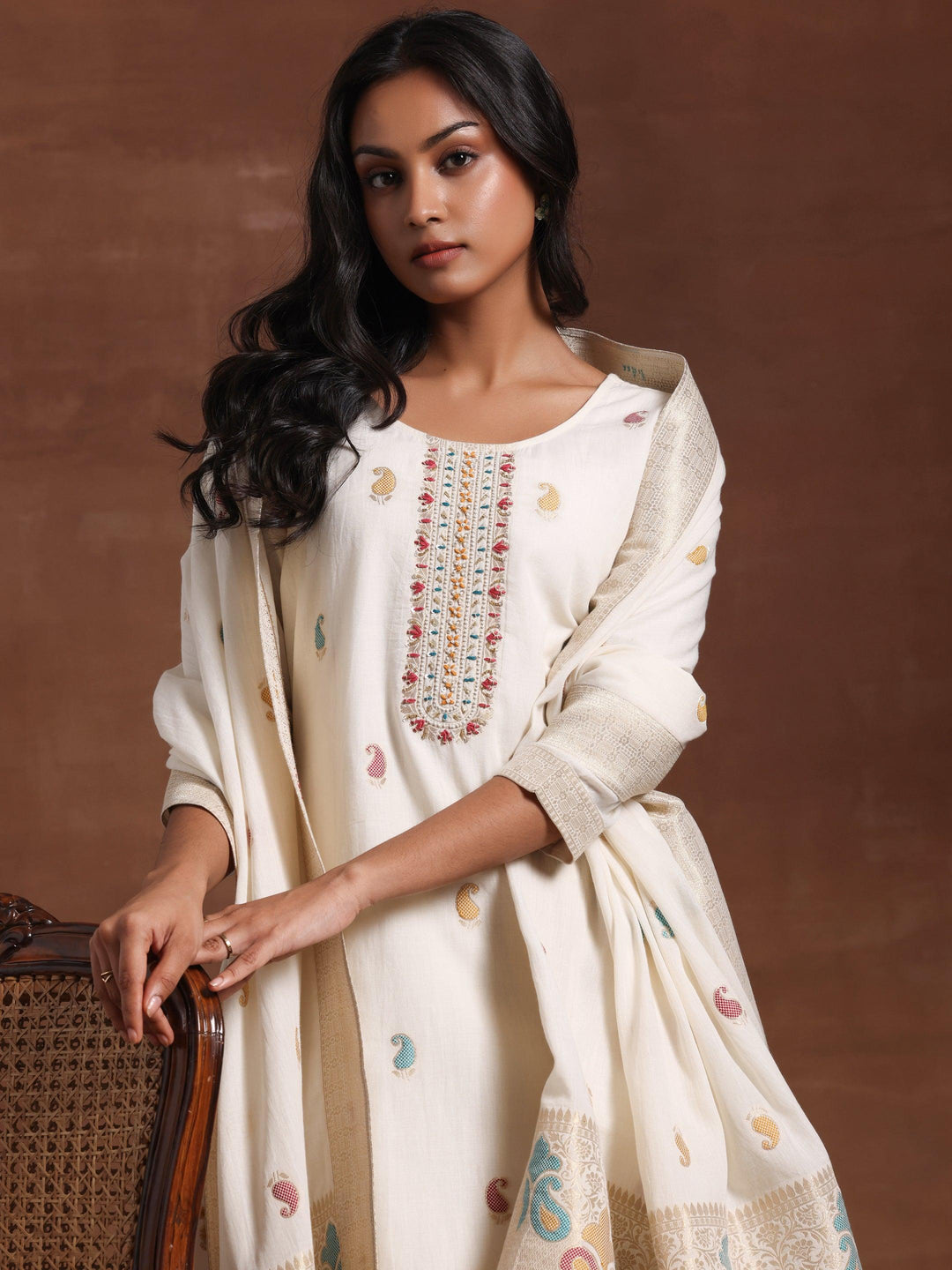 Off White Woven Design Cotton Straight Suit With Dupatta - Libas 