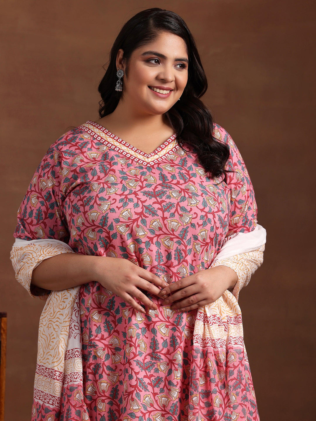 Plus Size Pink Printed Cotton Straight Suit With Dupatta - Libas 