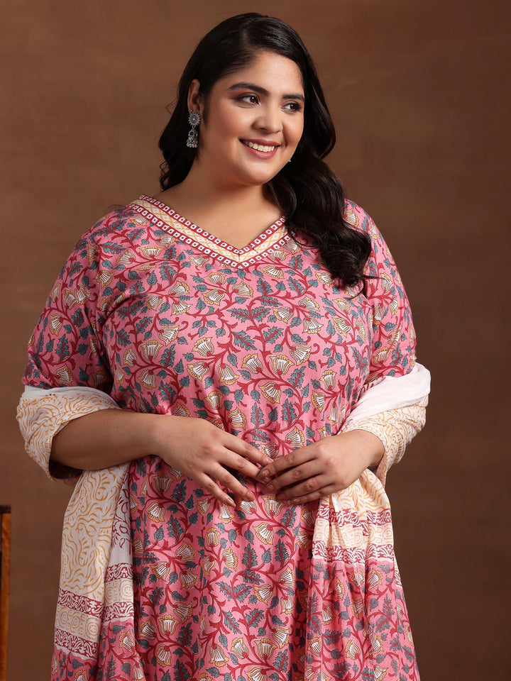 Plus Size Pink Printed Cotton Straight Suit With Dupatta - Libas