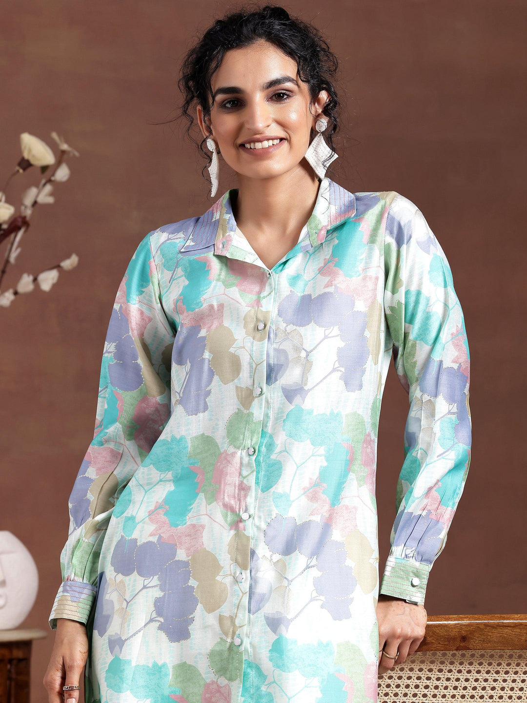 Green Printed Silk Blend Straight Kurti - Libas 