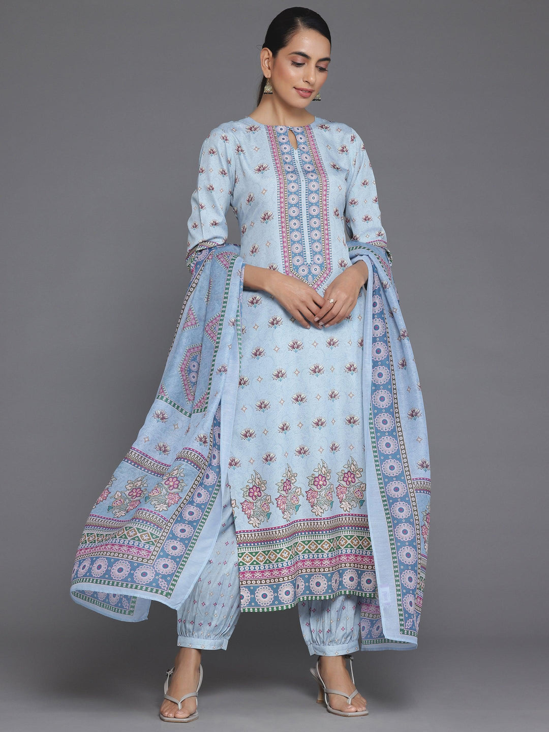 Blue Printed Poly Crepe Straight Suit With Dupatta - Libas 