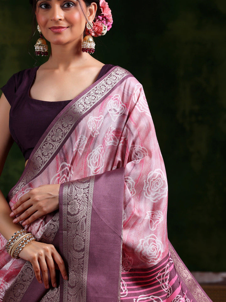 Mauve Printed Silk Blend Saree With Unstitched Blouse Piece - Libas