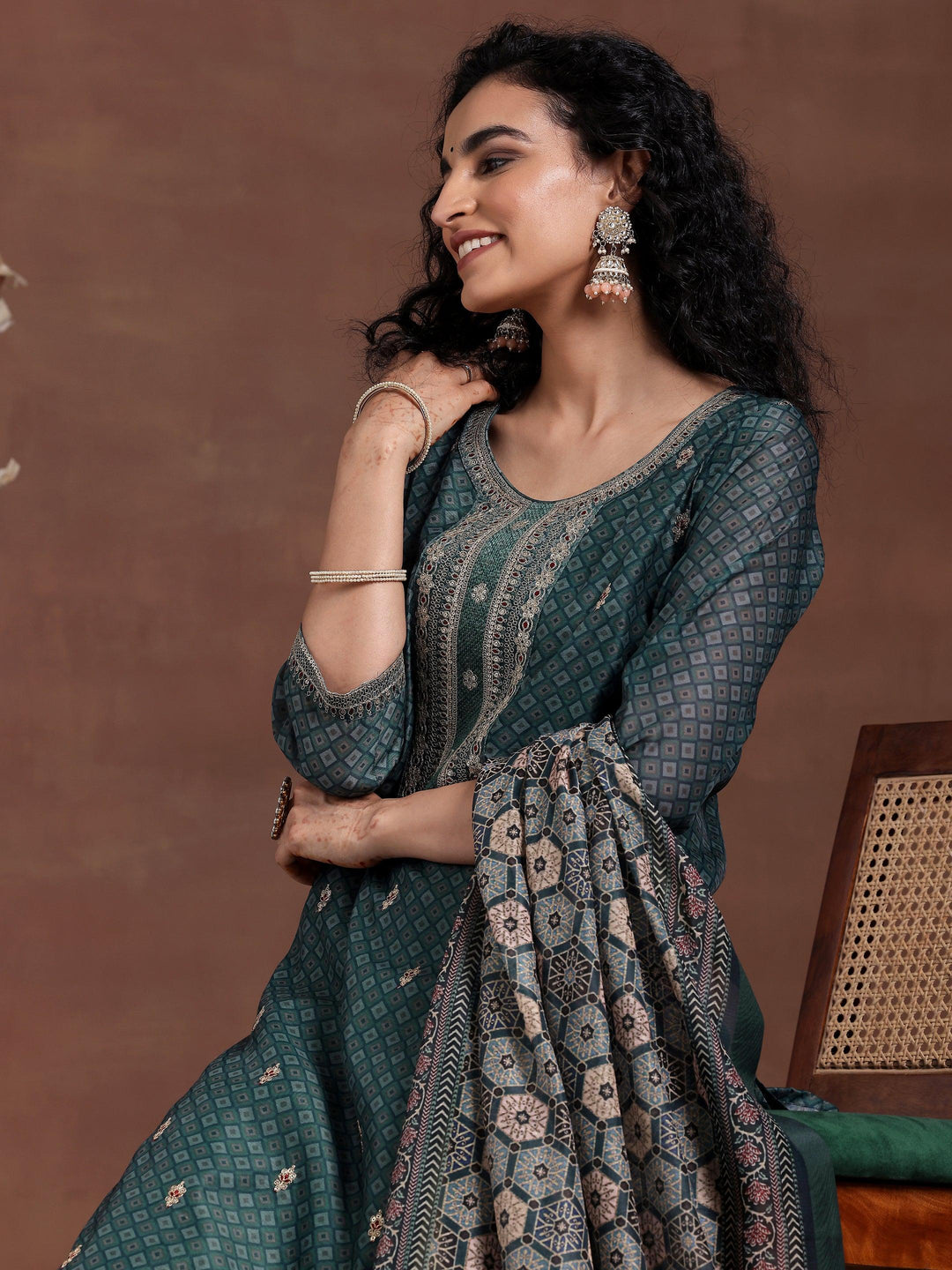 Teal Printed Silk Blend Straight Suit With Dupatta - Libas 