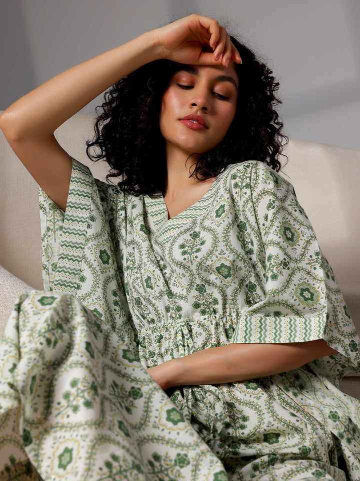 Green Printed Cotton Kaftan Night Dress - Libas