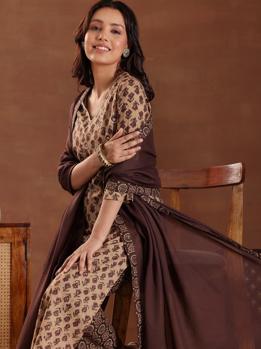 Brown Printed Cotton Straight Suit With Dupatta - Libas 