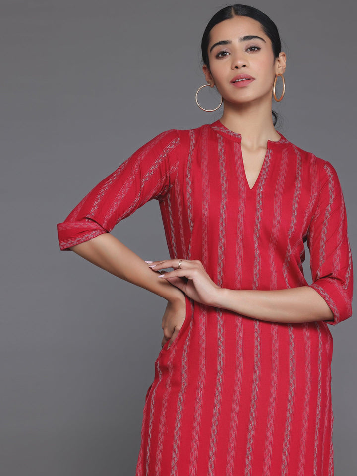 Red Striped Rayon Straight Kurta - Libas