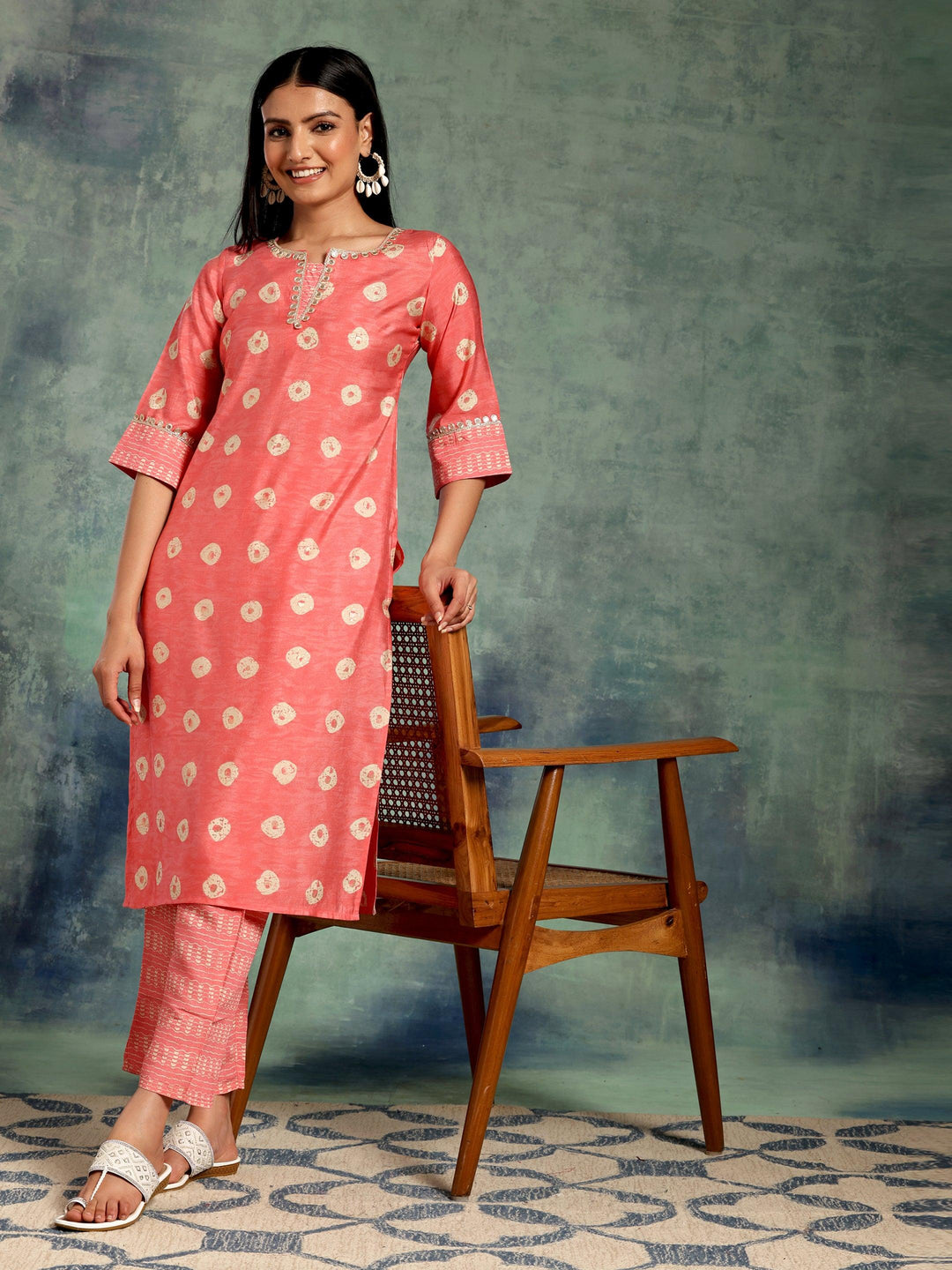 Peach Printed Silk Blend Straight Kurta Set - Libas 