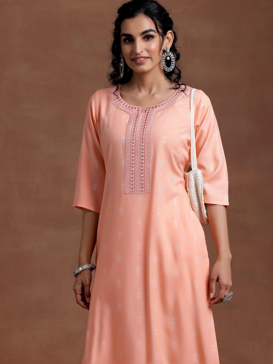 Peach Woven Design Cotton Straight Kurta - Libas 