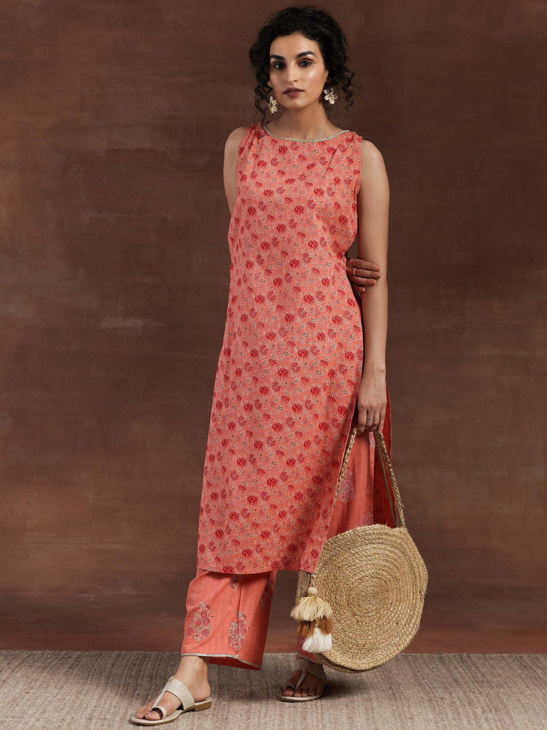 Peach Printed Cotton Straight Kurta Set - Libas