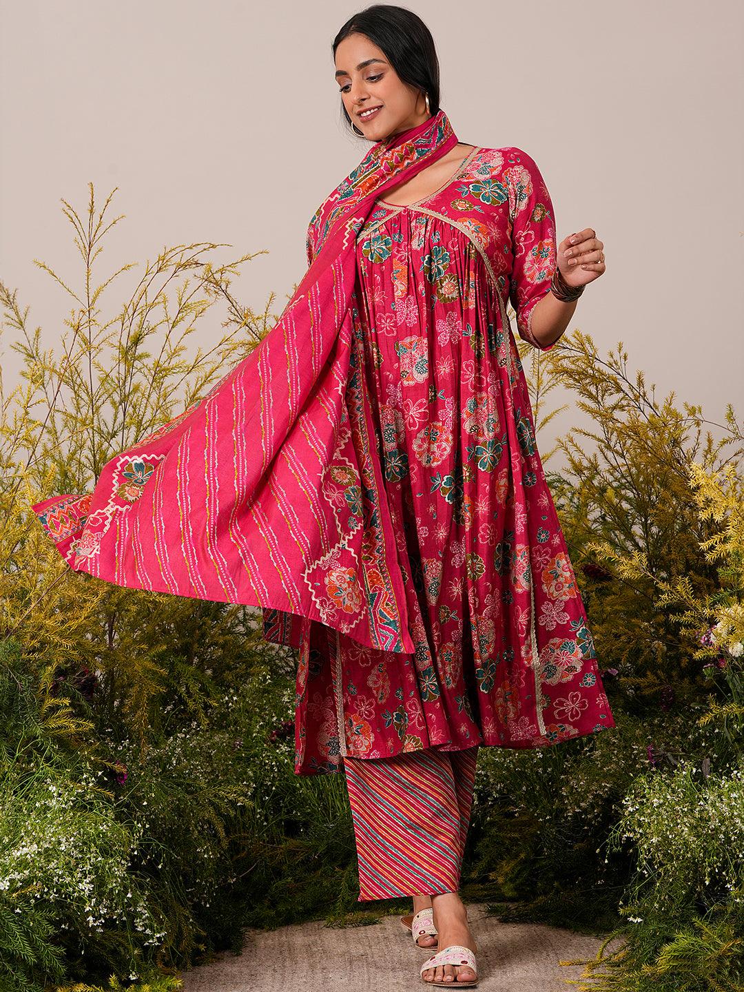 Pink Printed Silk Blend A-Line Kurta With Palazzos & Dupatta - Libas 