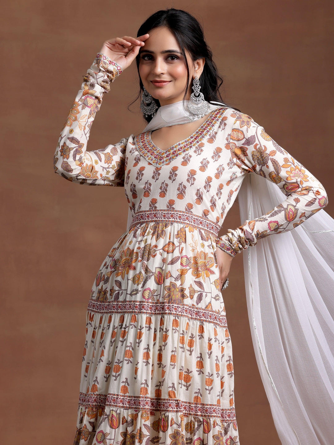 Off white Printed Cotton A-Line Kurta With Palazzos & Dupatta - Libas 