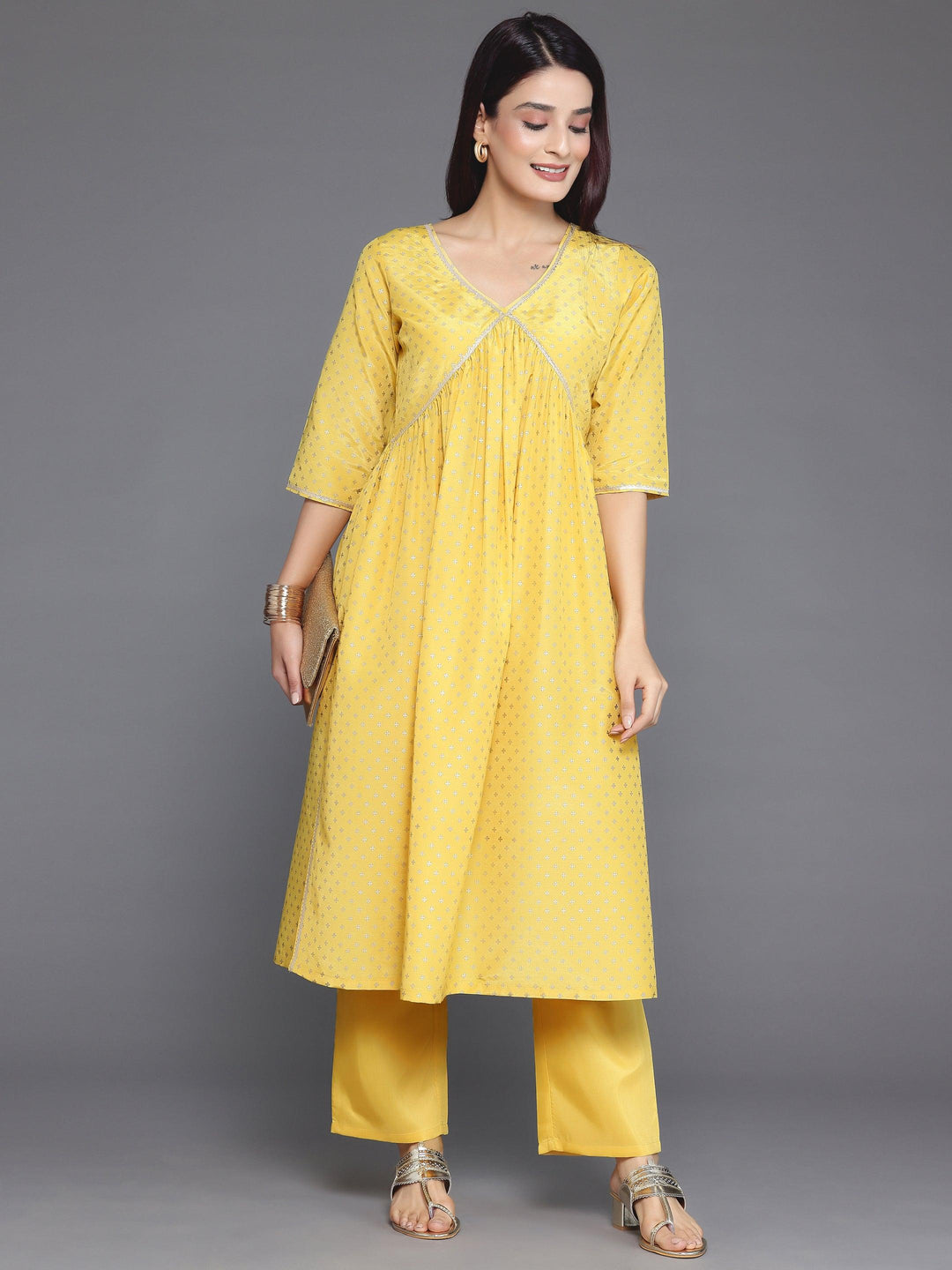 Yellow Woven Design Silk Blend A-Line Kurta With Trousers - Libas 