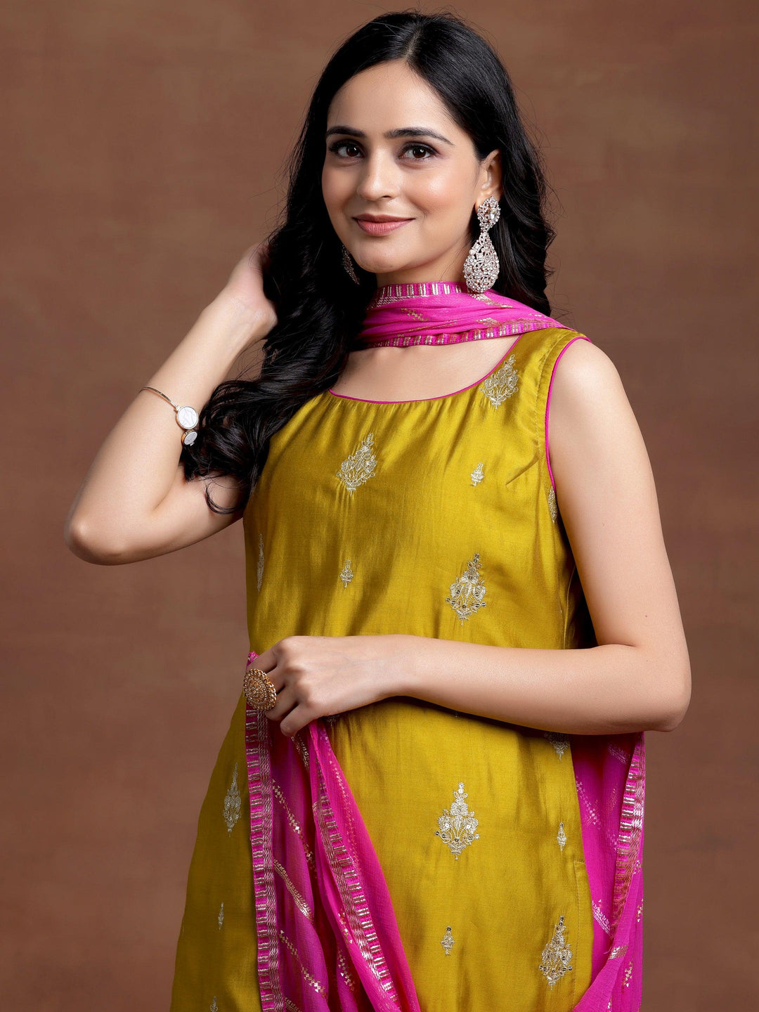 Mustard Embroidered Silk Blend Straight Suit With Dupatta - Libas 