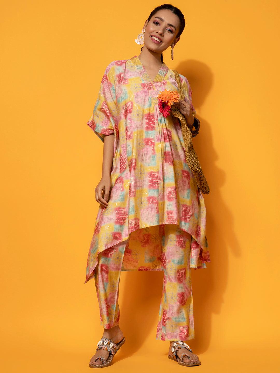 Yellow Printed Silk Blend Co-Ords - Libas