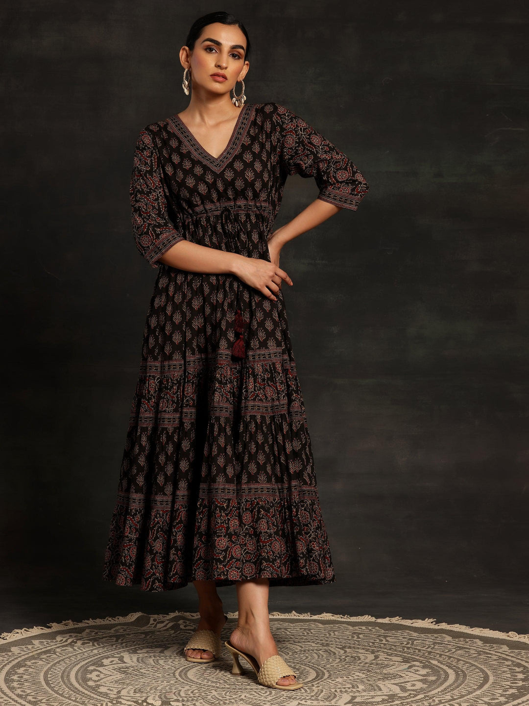 Black Printed Cotton A-Line Dress - Libas