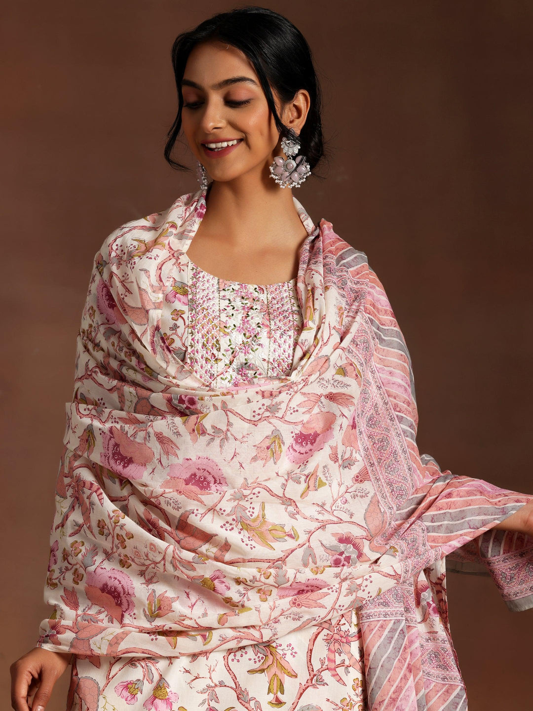 Pink Printed Cotton Straight Suit With Dupatta - Libas 