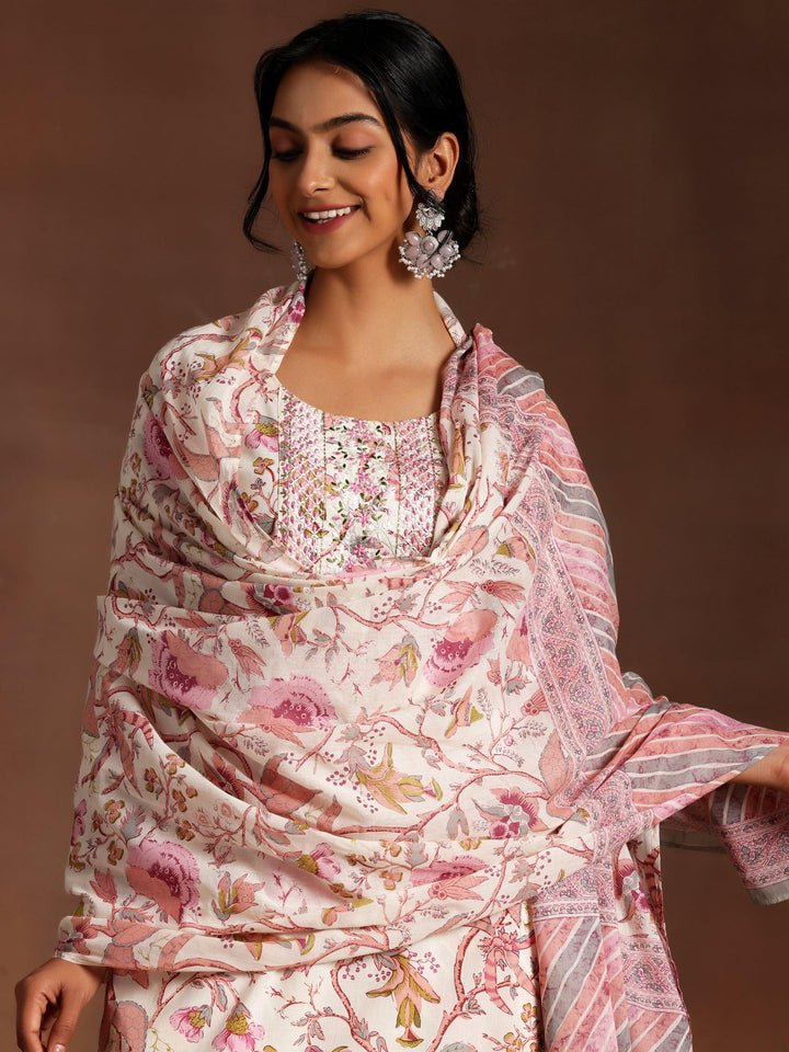 Pink Printed Cotton Straight Suit With Dupatta - Libas