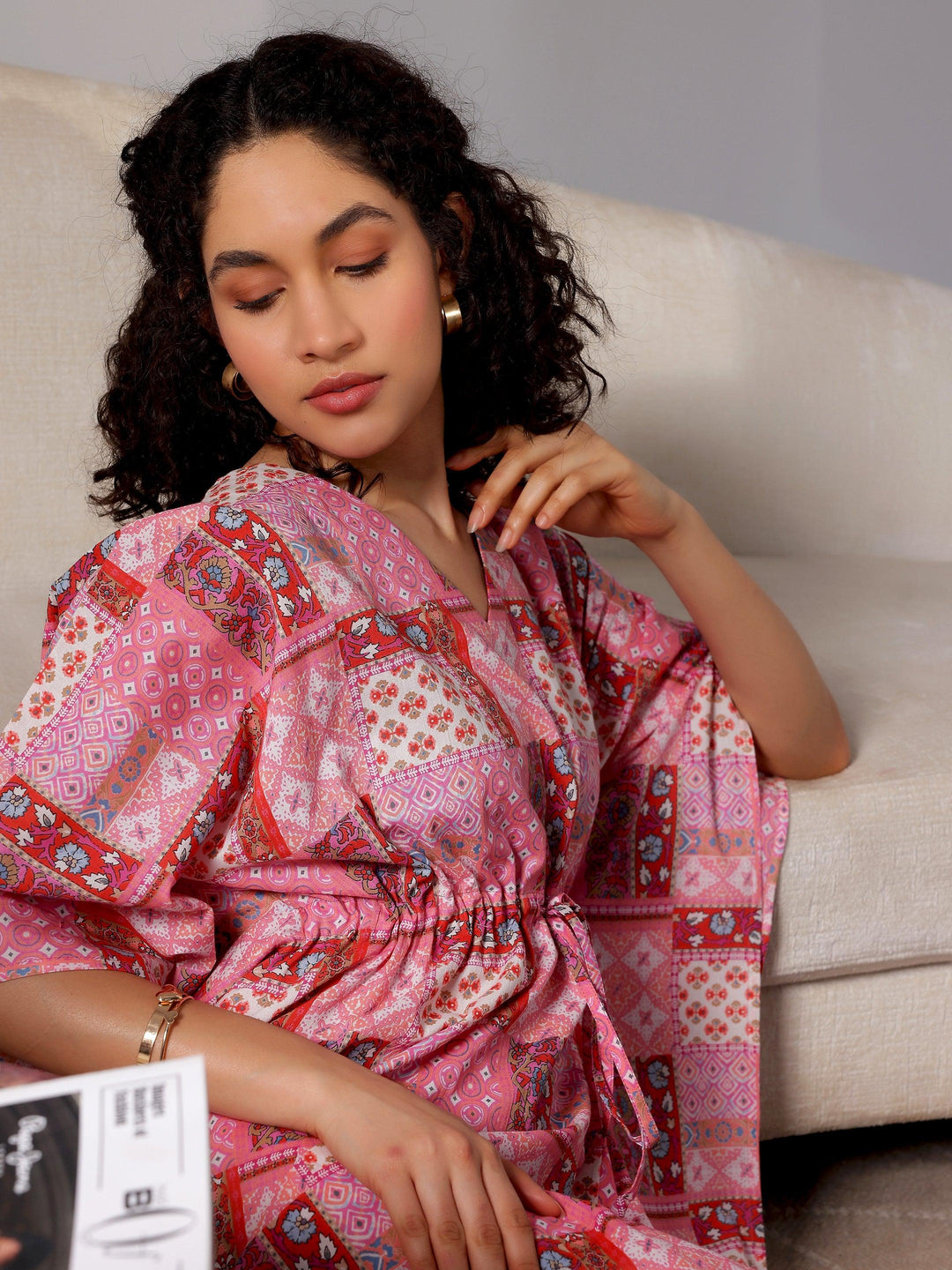 Pink Printed Cotton Kaftan Night Dress - Libas