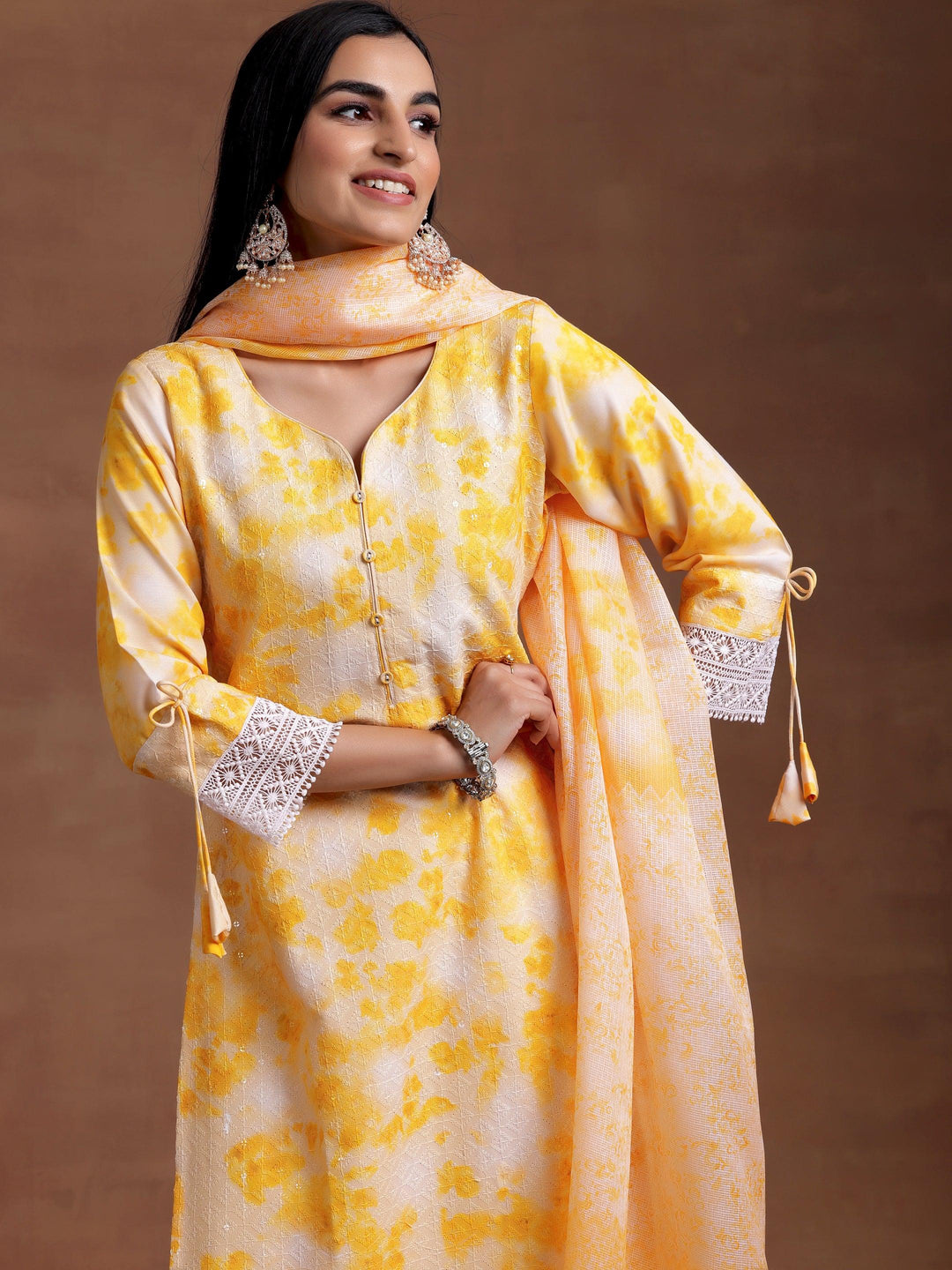 Yellow Embroidered Cotton Blend Straight Suit With Dupatta - Libas 