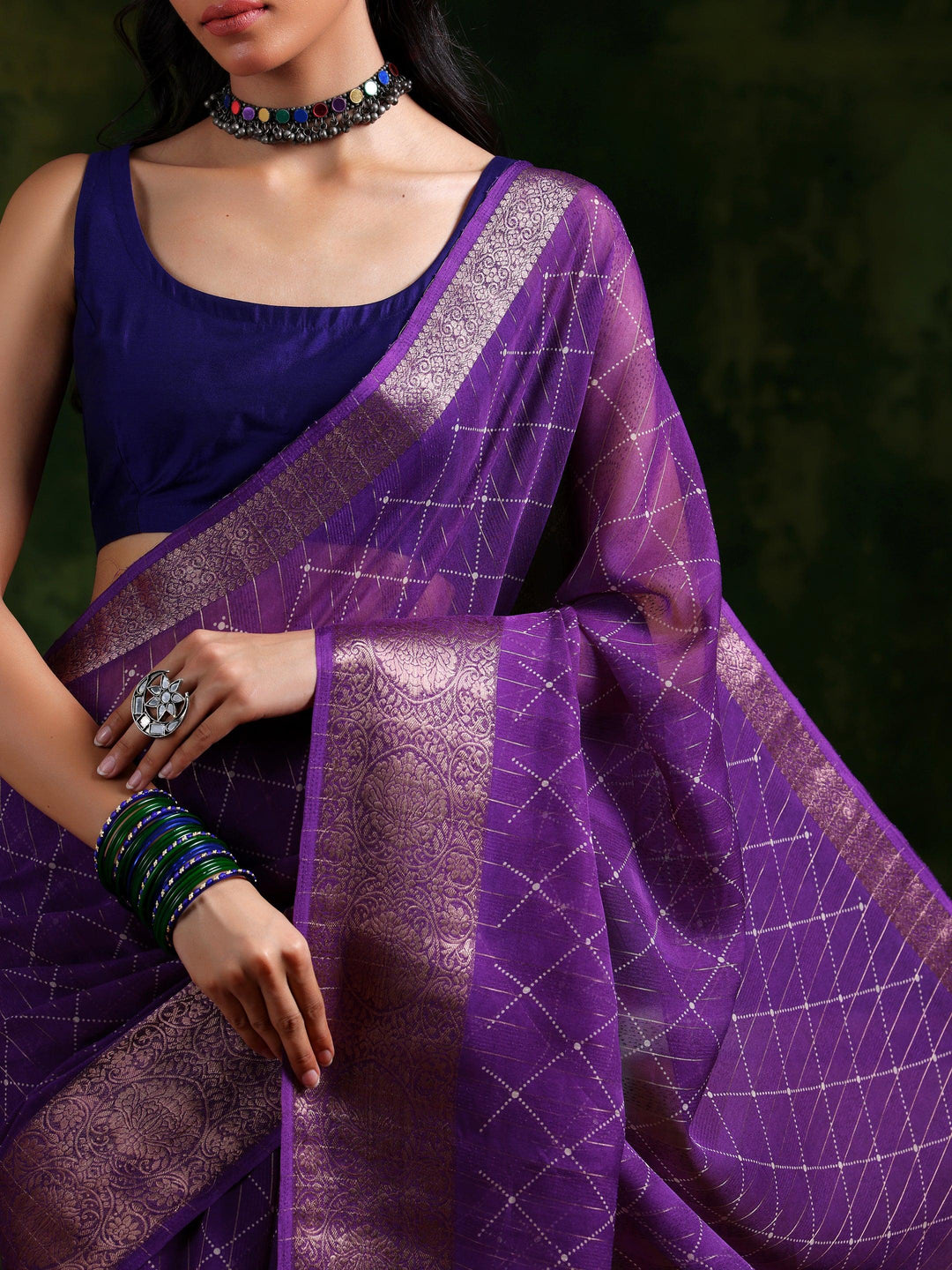 Purple Printed Silk Blend Saree With Unstitched Blouse Piece - Libas