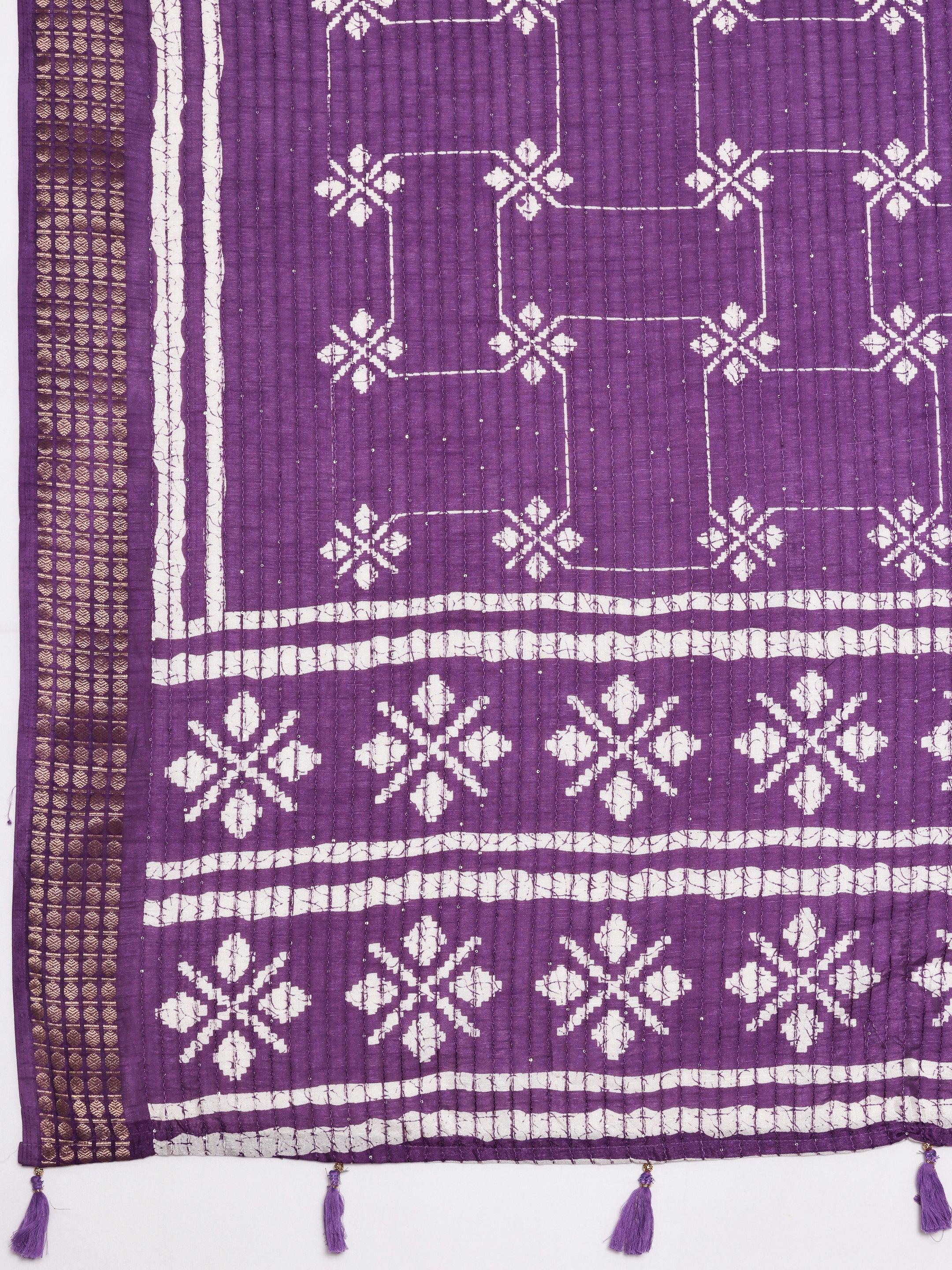 Lavender Printed Silk Blend Saree With Unstitched Blouse Piece