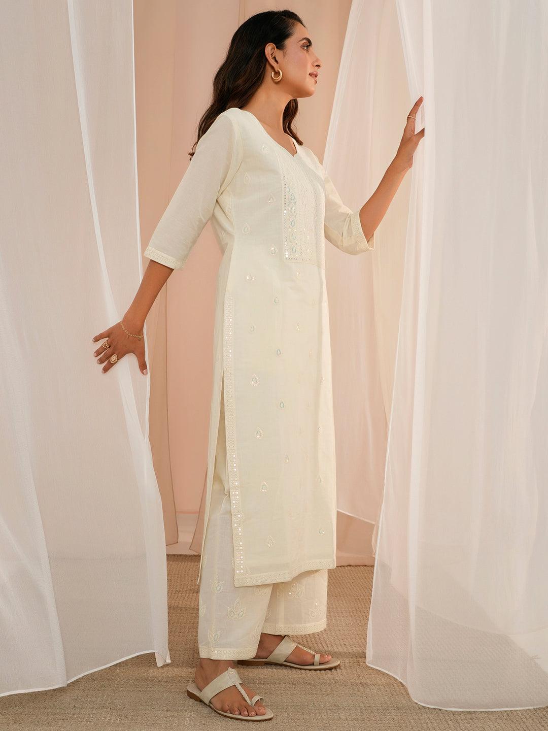 Off White Embroidered Cotton Straight Suit With Dupatta - Libas 