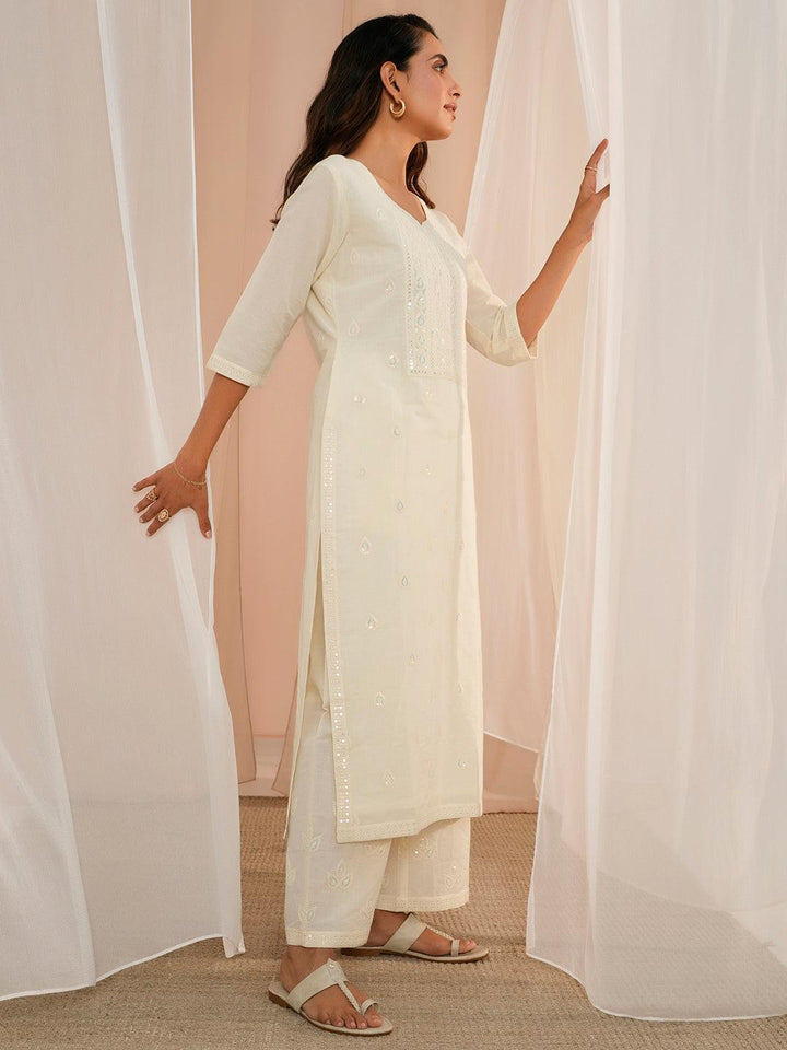 Off White Embroidered Cotton Straight Suit With Dupatta - Libas