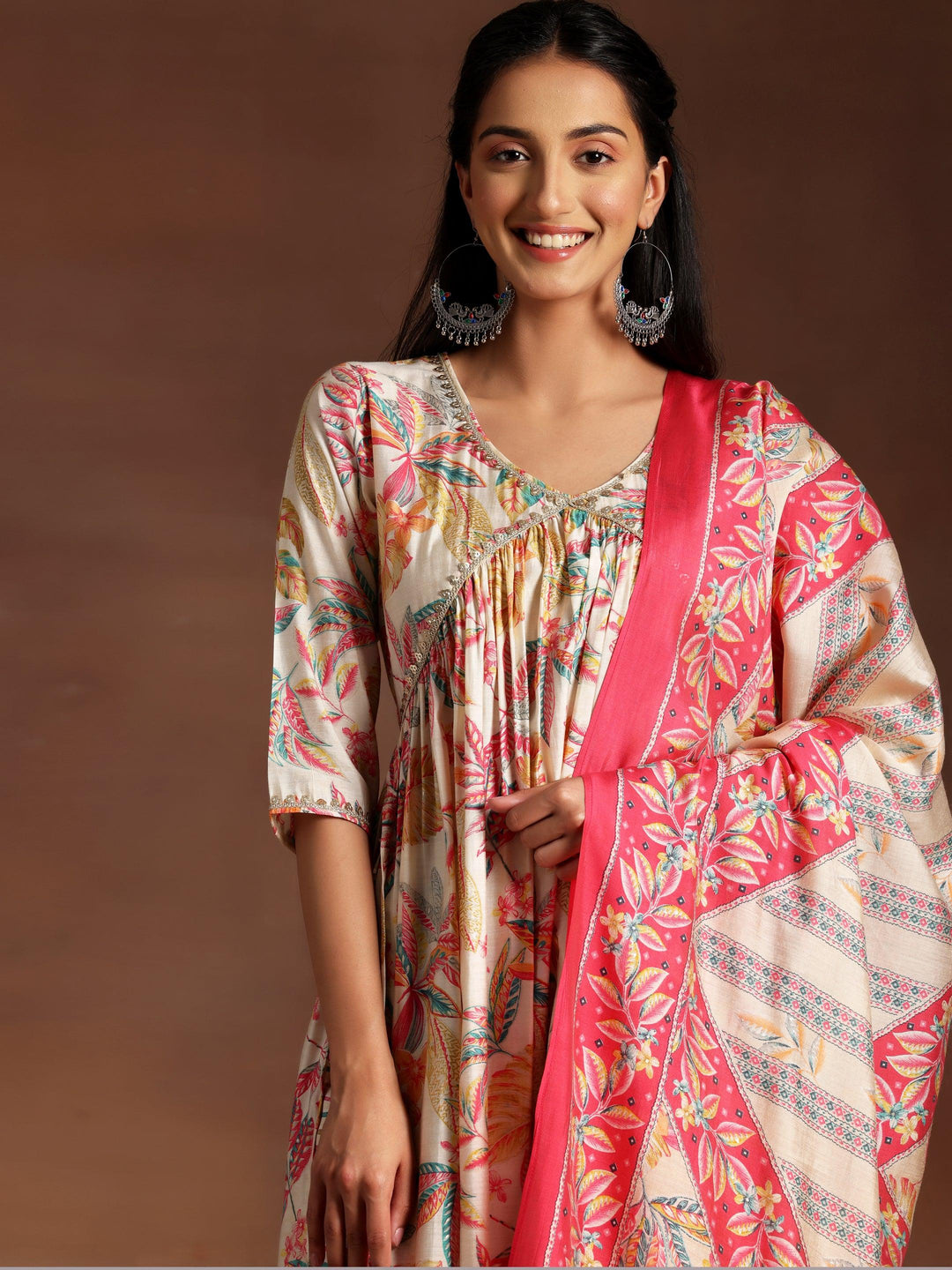 Off White Printed Silk Blend Straight Suit With Dupatta - Libas 