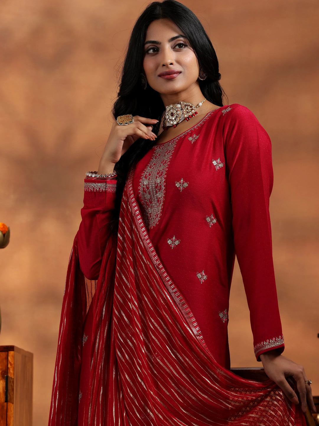  Red Embroidered Silk Blend Straight Suit With Dupatta 