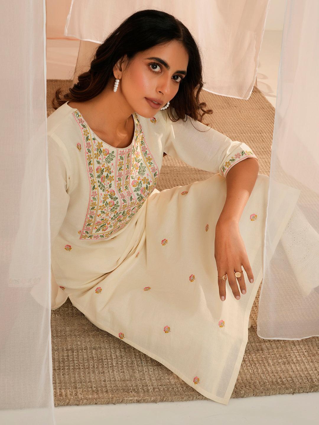 Off White Embroidered Cotton Straight Kurta - Libas 