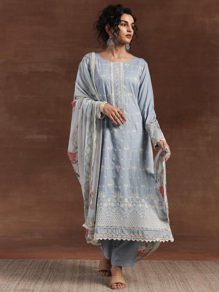 Blue Embroidered Silk Blend Straight Suit With Dupatta - Libas