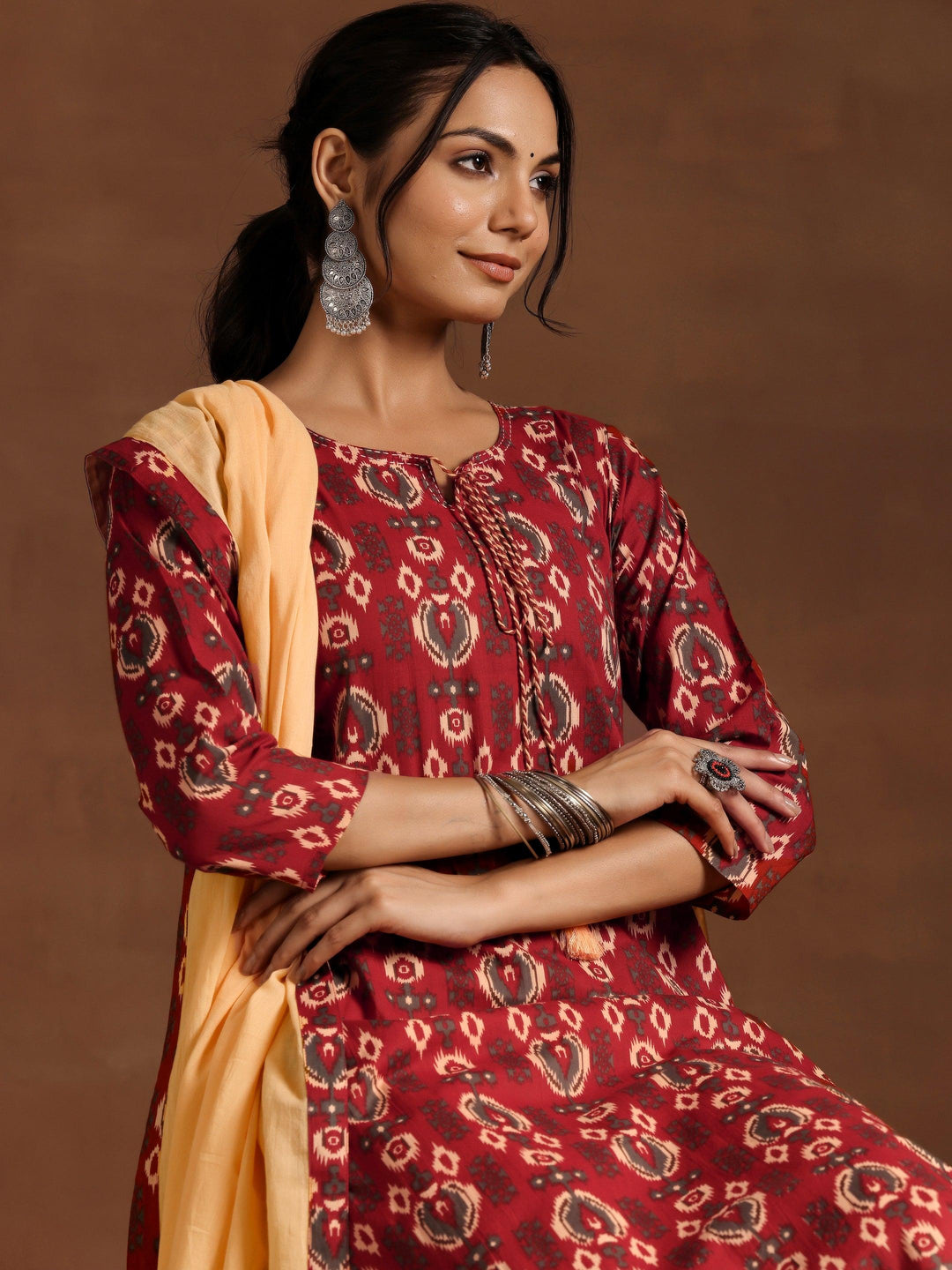 Maroon Printed Cotton Straight Suit With Dupatta - Libas 