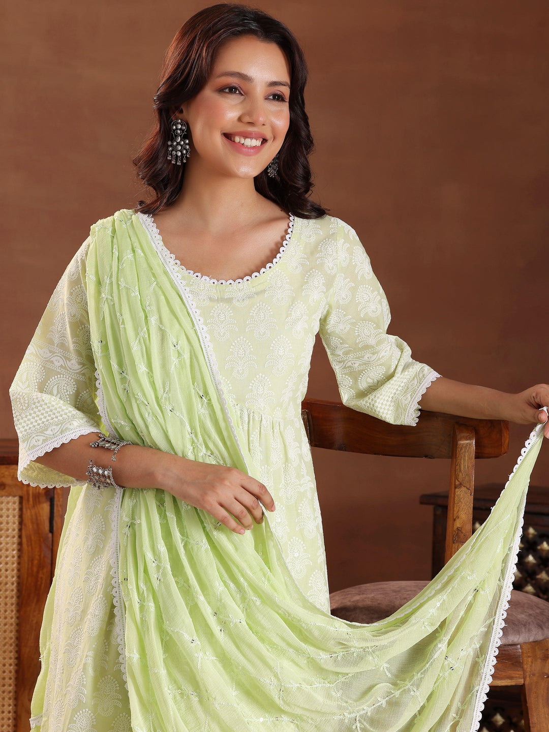 Green Embroidered Pure Cotton A-Line Kurta With Sharara & Dupatta - Libas 