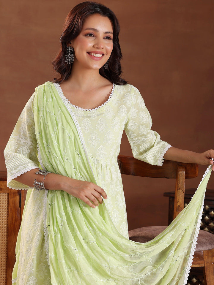 Green Embroidered Pure Cotton A-Line Kurta With Sharara & Dupatta - Libas