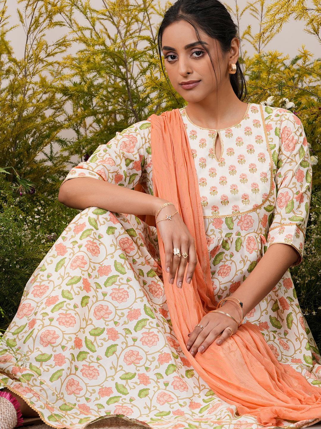 Off White Yoke Design Cotton Anarkali Suit With Dupatta - Libas 