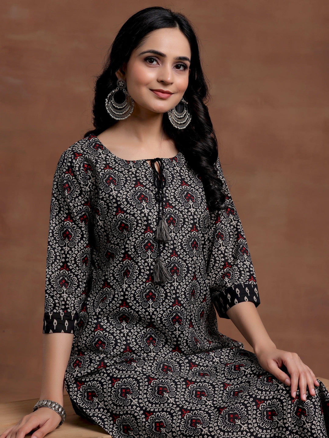 Black Printed Cotton Straight Kurta Set - Libas