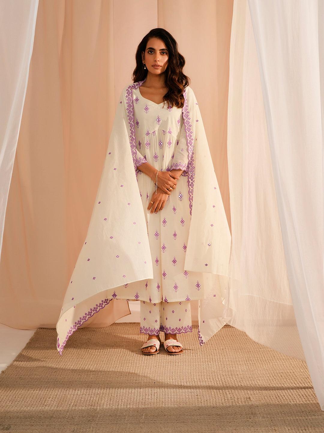 Off White Embroidered Cotton Anarkali Suit With Dupatta - Libas