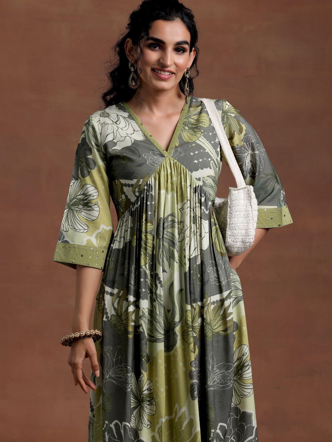 Green Printed Rayon A-Line Kurta With Trousers - Libas 