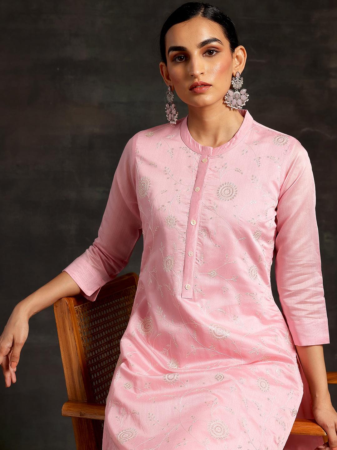 Pink Embroidered Chanderi Silk Straight Kurta - Libas