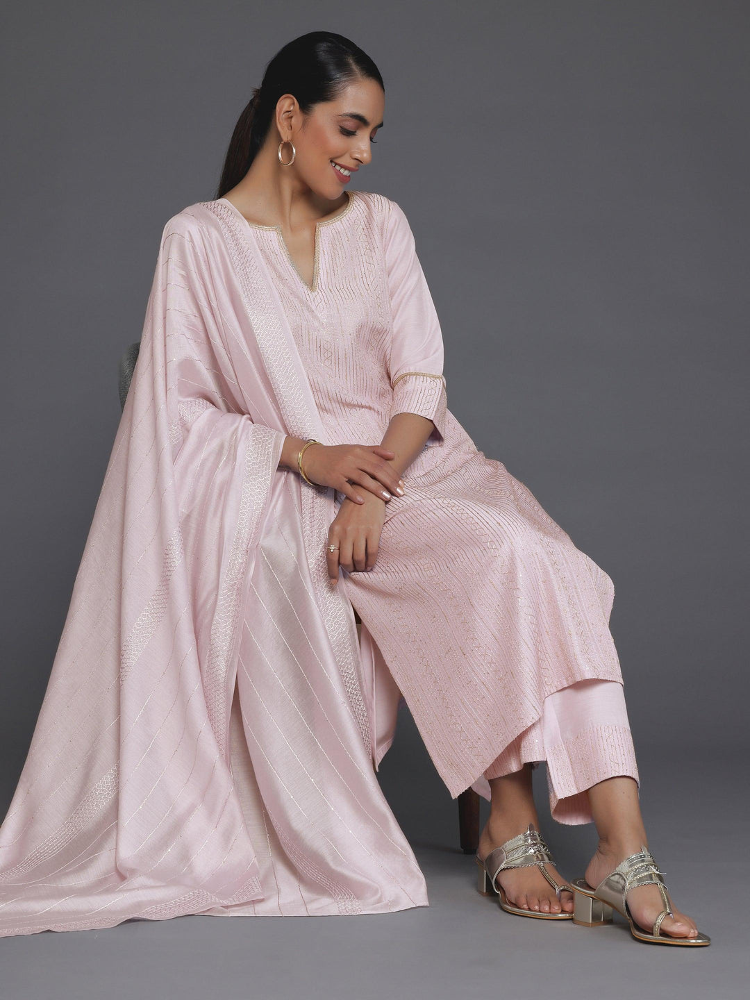 Pink Self Design Silk Blend Straight Suit With Dupatta - Libas 