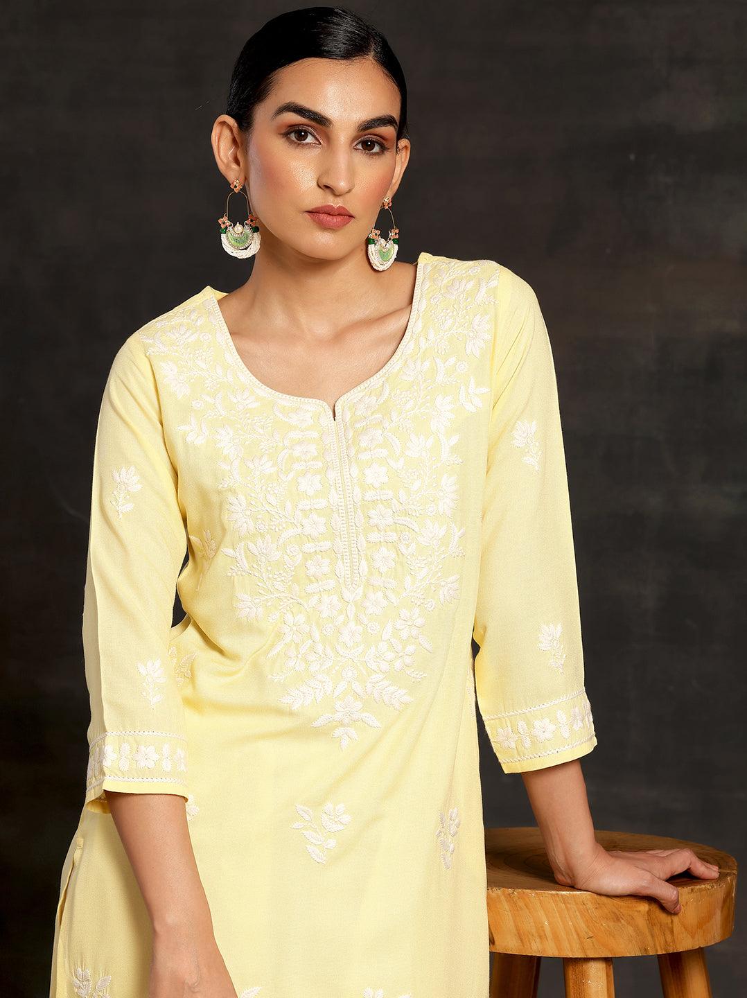 Yellow Embroidered Rayon Straight Kurta - Libas